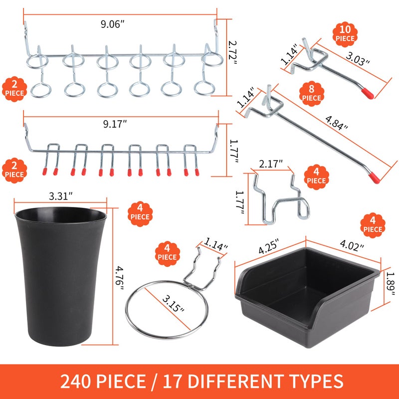 FALPRO 240PCS Pegboard Hooks Assortment  Pegboard Organizer Kit with Bins  Cups  1/8 and 1/4 inch Hooks for Hanging Tools  Garage Wall Organization - Image 3